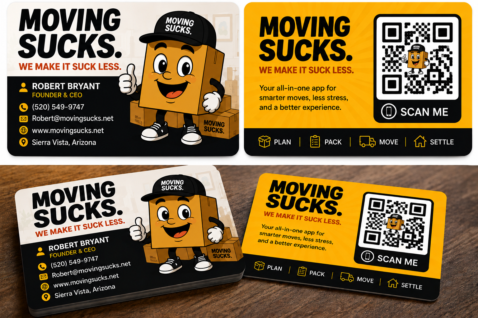 Moving Sucks logo and smiling box mascot
